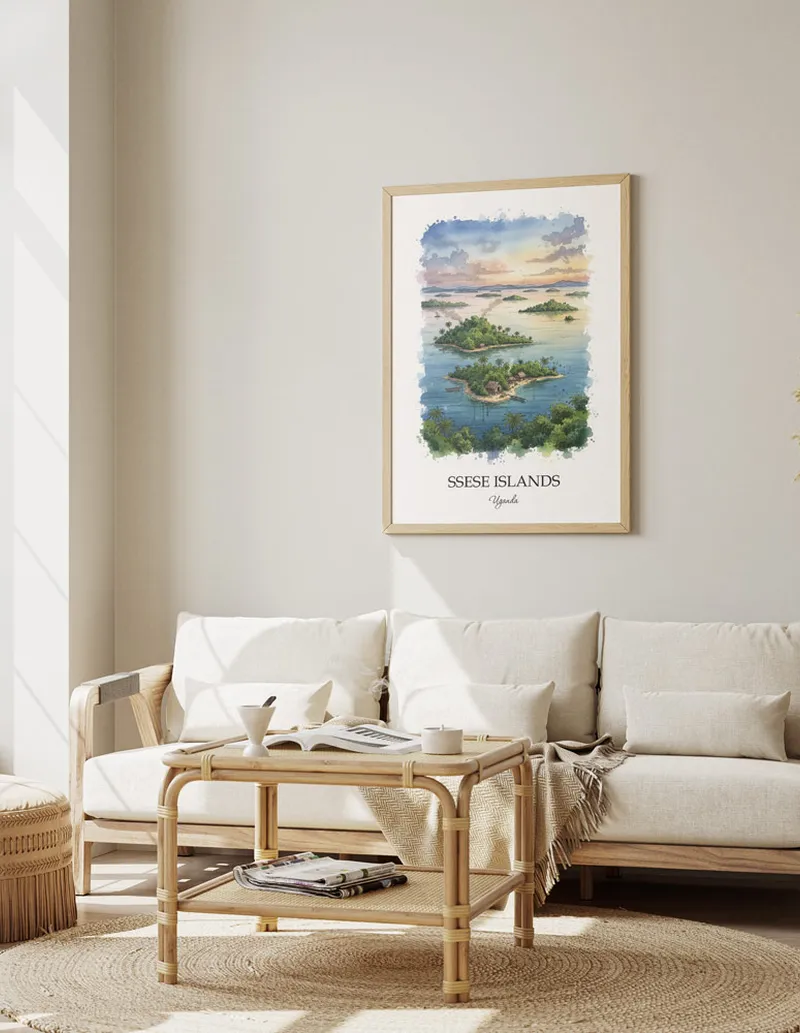Cozy, well-lit workspace with a minimalist poster of Ssese Islands, Uganda in a light frame sitting on the desk.