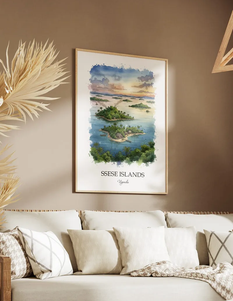 A clean and modern mockup showing a framed Ssese Islands, Uganda print on a minimalist background.