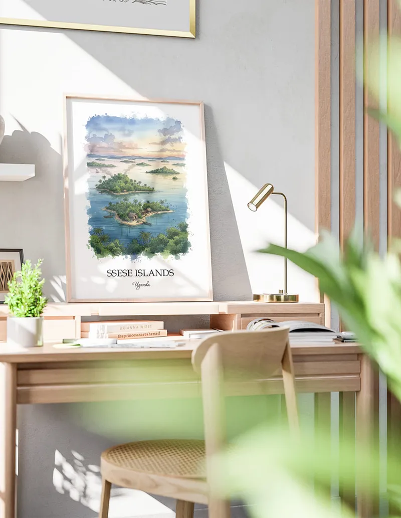 Framed wall art featuring Ssese Islands in Uganda in a light wood frame leaning on the floor.