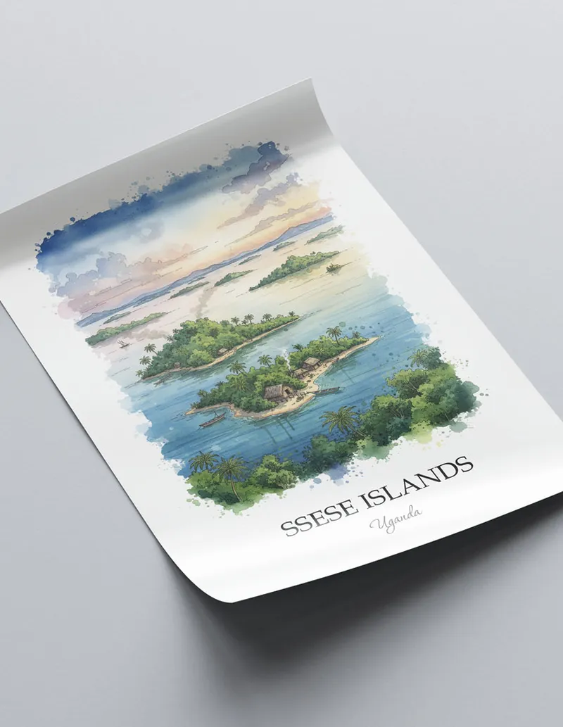A lovely interior preview showcasing a vintage-vibe travel poster design of the scenic Ssese Islands in Uganda.