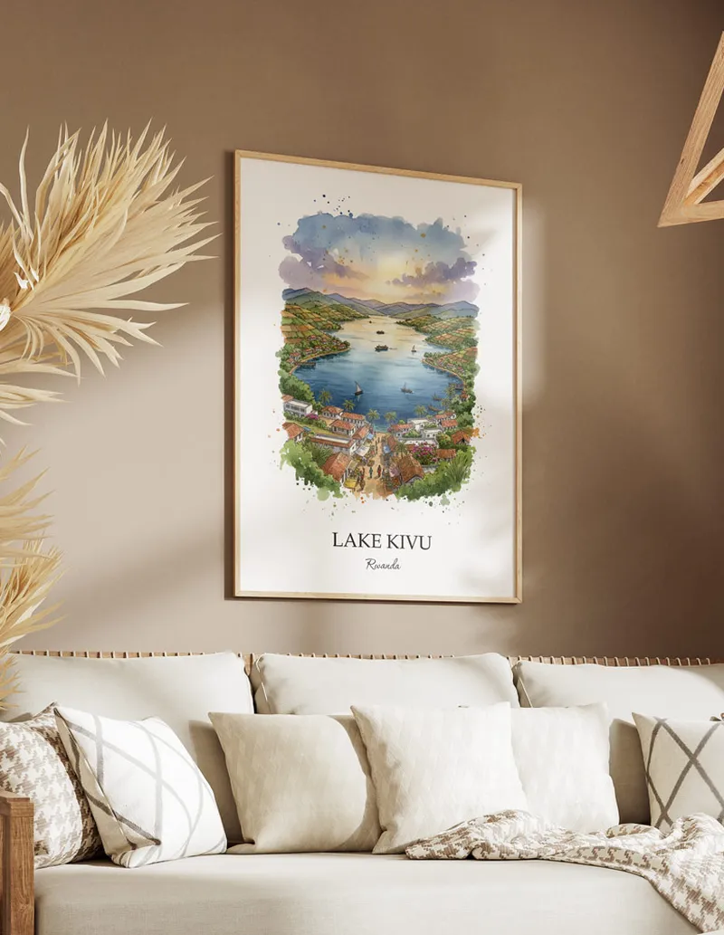 A clean and modern mockup showing a framed Lake Kivu, Rwanda print on a minimalist background.