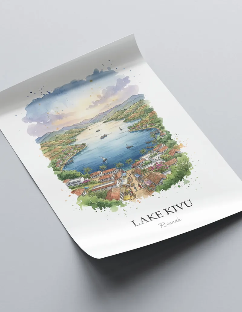 A lovely interior preview showcasing a vintage-vibe travel poster design of the scenic Lake Kivu in Rwanda.