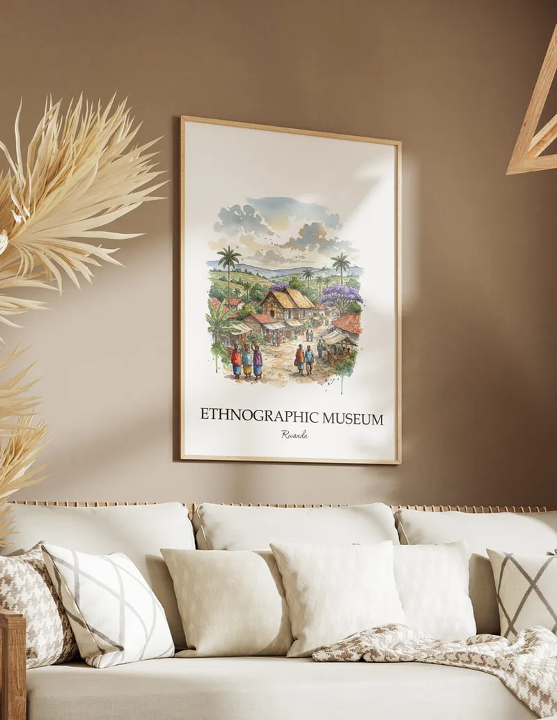 A clean and modern mockup showing a framed Ethnographic Museum, Rwanda print on a minimalist background.