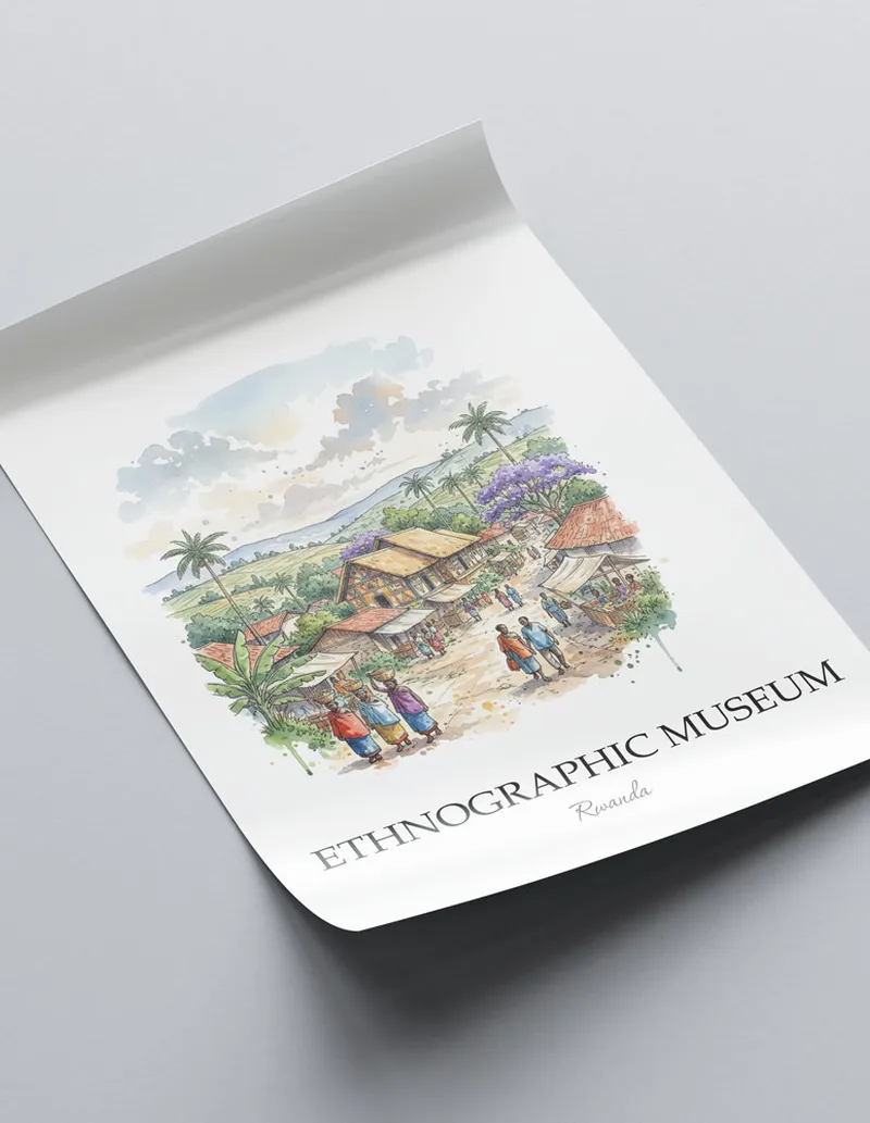 A lovely interior preview showcasing a vintage-vibe travel poster design of the scenic Ethnographic Museum in Rwanda.