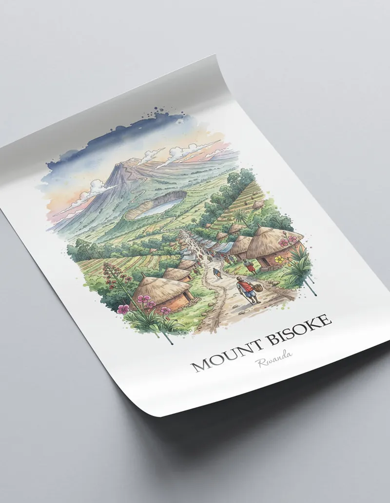 A lovely interior preview showcasing a vintage-vibe travel poster design of the scenic Mount Bisoke in Rwanda.