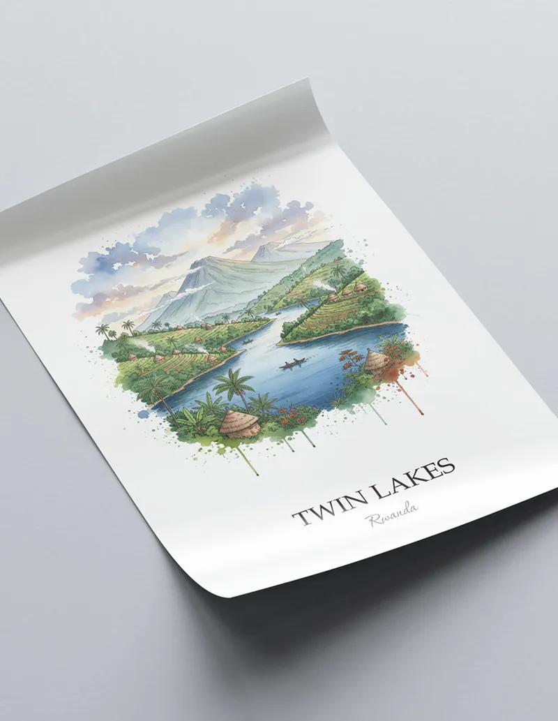 A lovely interior preview showcasing a vintage-vibe travel poster design of the scenic Twin Lakes in Rwanda.