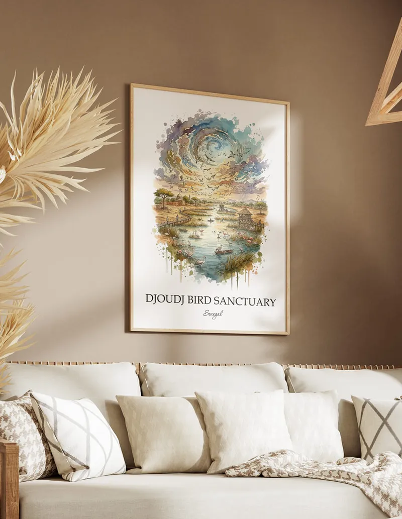 A clean and modern mockup showing a framed Djoudj Bird Sanctuary, Senegal print on a minimalist background.
