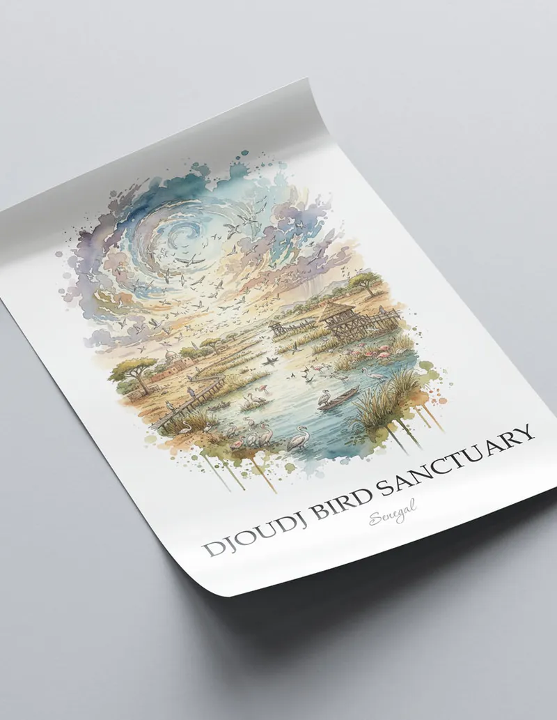 A lovely interior preview showcasing a vintage-vibe travel poster design of the scenic Djoudj Bird Sanctuary in Senegal.