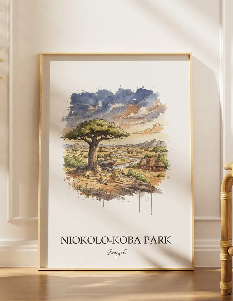 Minimalist poster of Niokolo-Koba Park in Senegal in a light frame standing by a window in a boho style room.