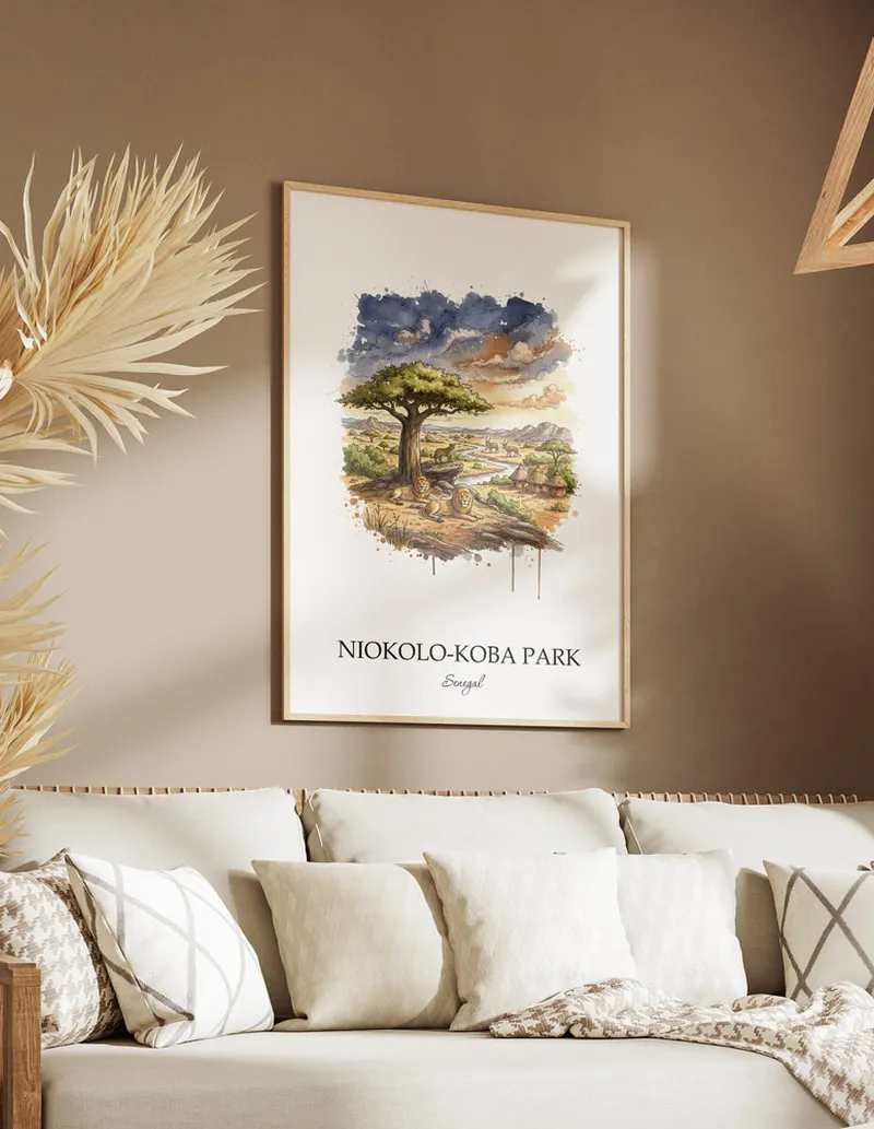 A clean and modern mockup showing a framed Niokolo-Koba Park, Senegal print on a minimalist background.