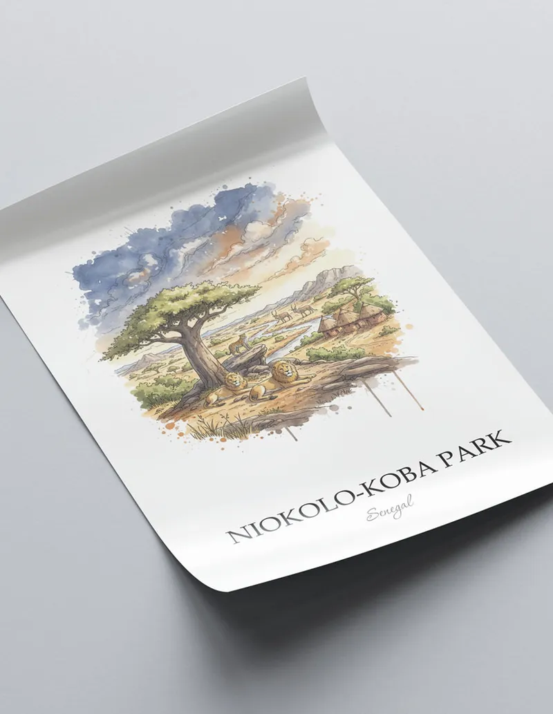 A lovely interior preview showcasing a vintage-vibe travel poster design of the scenic Niokolo-Koba Park in Senegal.