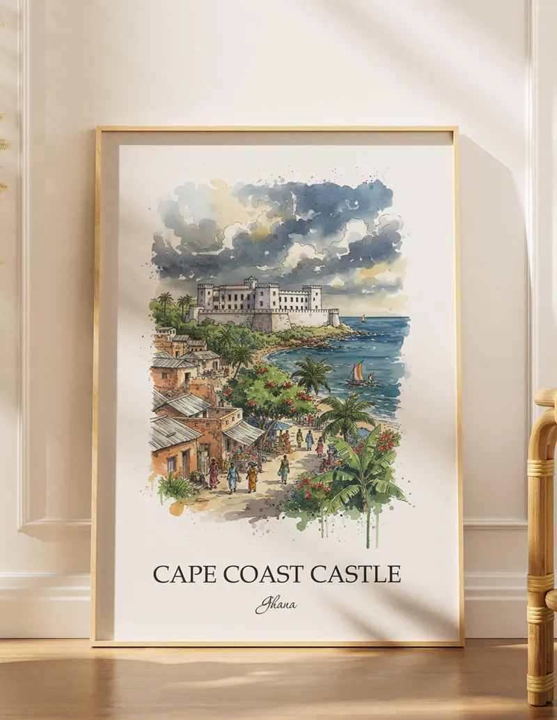 Minimalist poster of Cape Coast Castle in Ghana in a light frame standing by a window in a boho style room.
