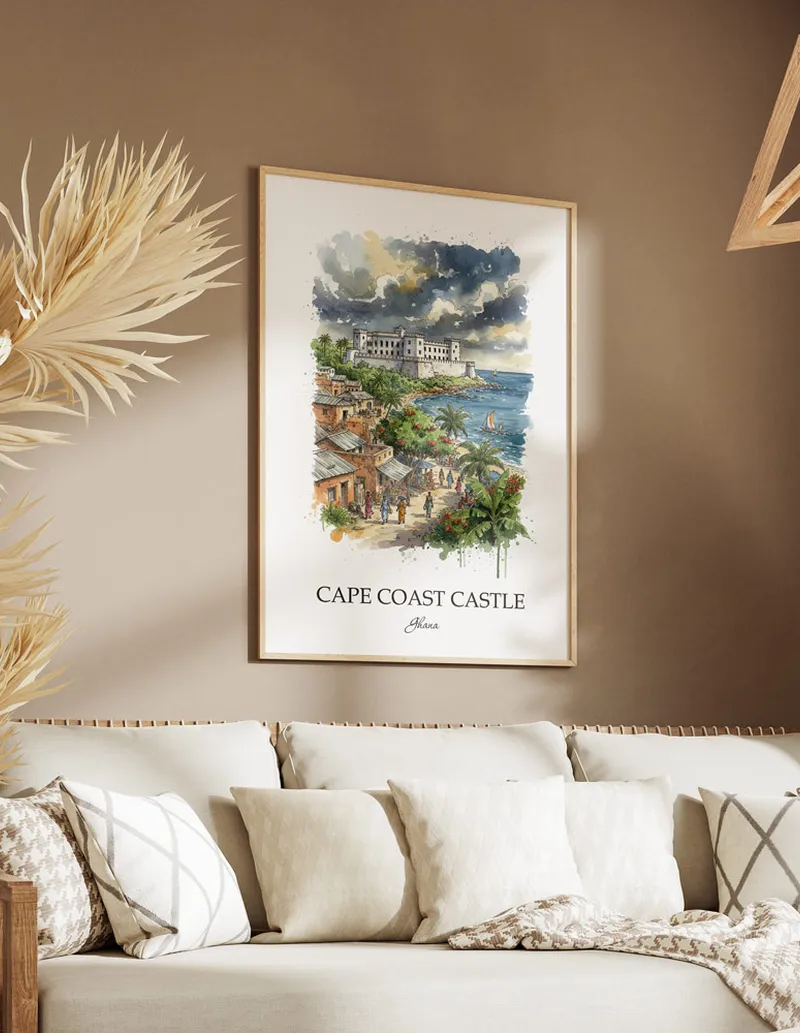 A clean and modern mockup showing a framed Cape Coast Castle, Ghana print on a minimalist background.