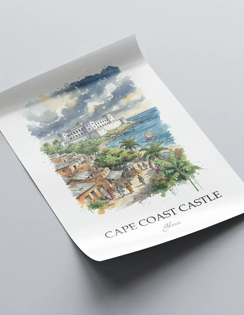 A lovely interior preview showcasing a vintage-vibe travel poster design of the scenic Cape Coast Castle in Ghana.