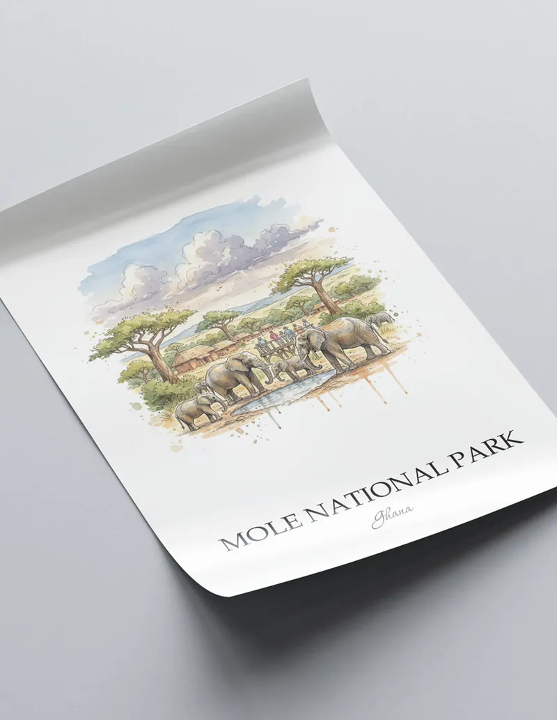 A lovely interior preview showcasing a vintage-vibe travel poster design of the scenic Mole National Park in Ghana.