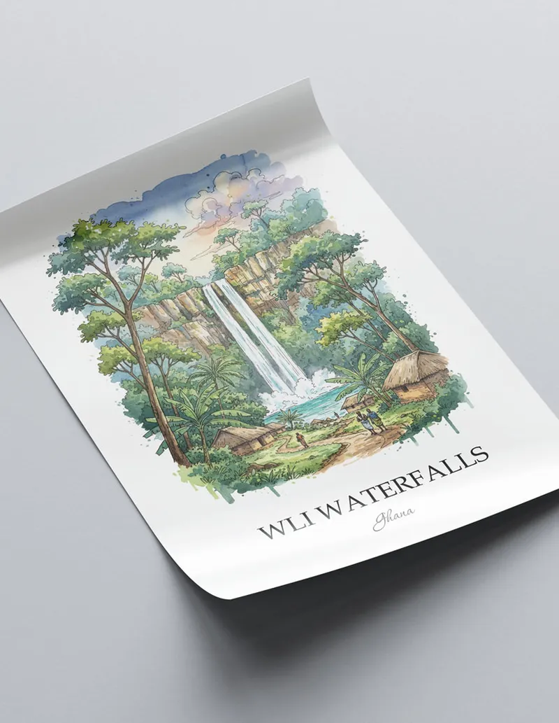 A lovely interior preview showcasing a vintage-vibe travel poster design of the scenic Wli Waterfalls in Ghana.