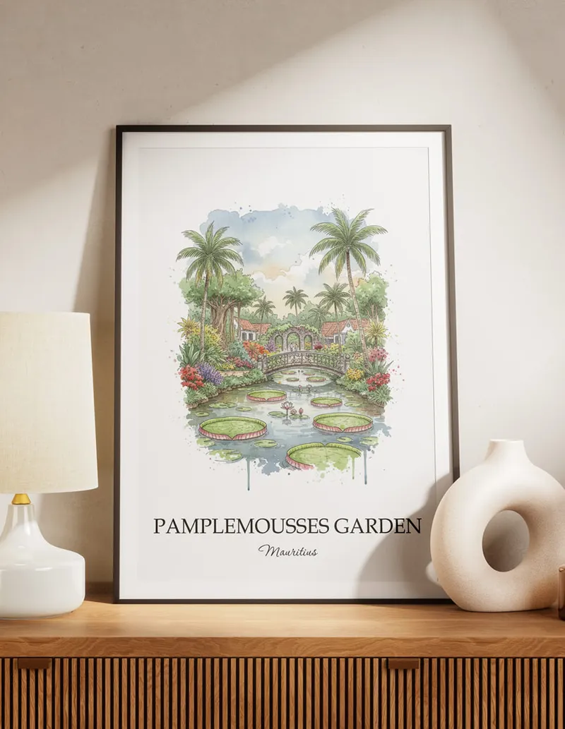 Minimalist poster of Pamplemousses Garden in Mauritius in a light frame standing by a window in a boho style room.