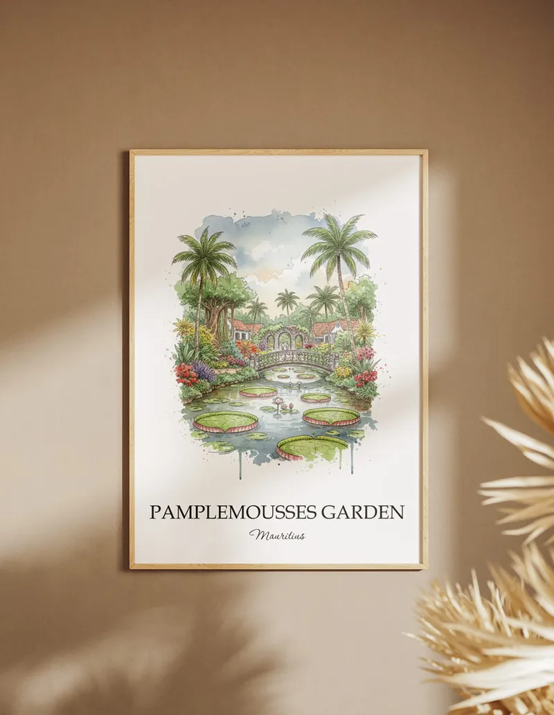 A close-up of a high-quality paper print featuring the Pamplemousses Garden in Mauritius minimalist design.