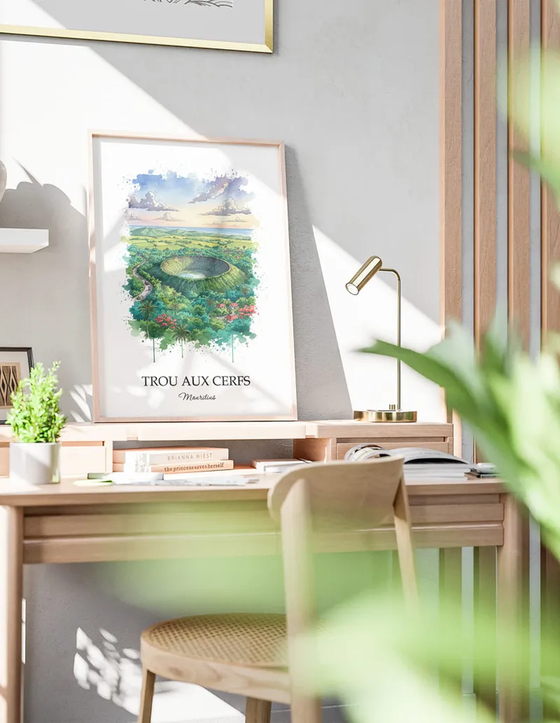 A clean and modern mockup showing a framed Trou aux Cerfs, Mauritius print on a minimalist background.