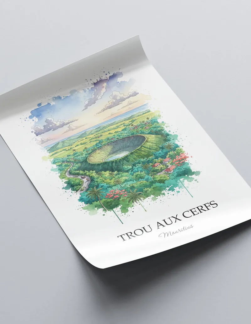 Framed wall art featuring Trou aux Cerfs in Mauritius in a light wood frame leaning on the floor.