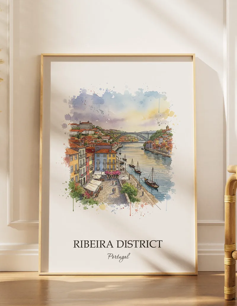 Framed wall art featuring Ribeira District in Portugal in a light wood frame leaning on the floor.