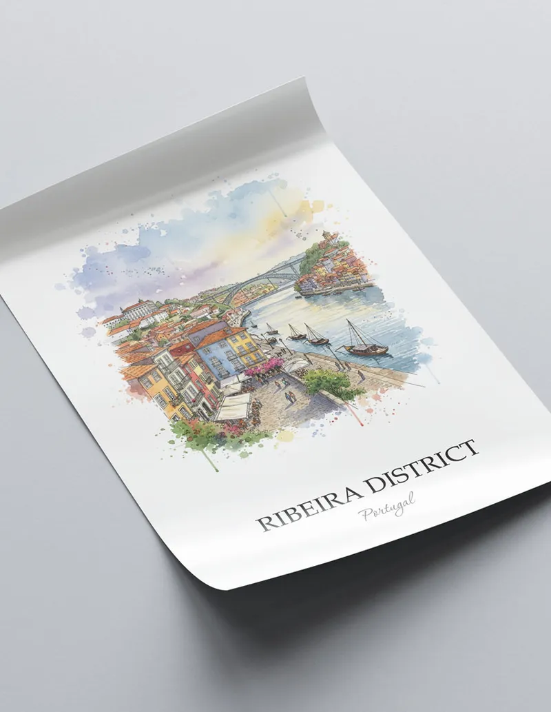 A close-up of a high-quality paper print featuring the Ribeira District in Portugal minimalist design.