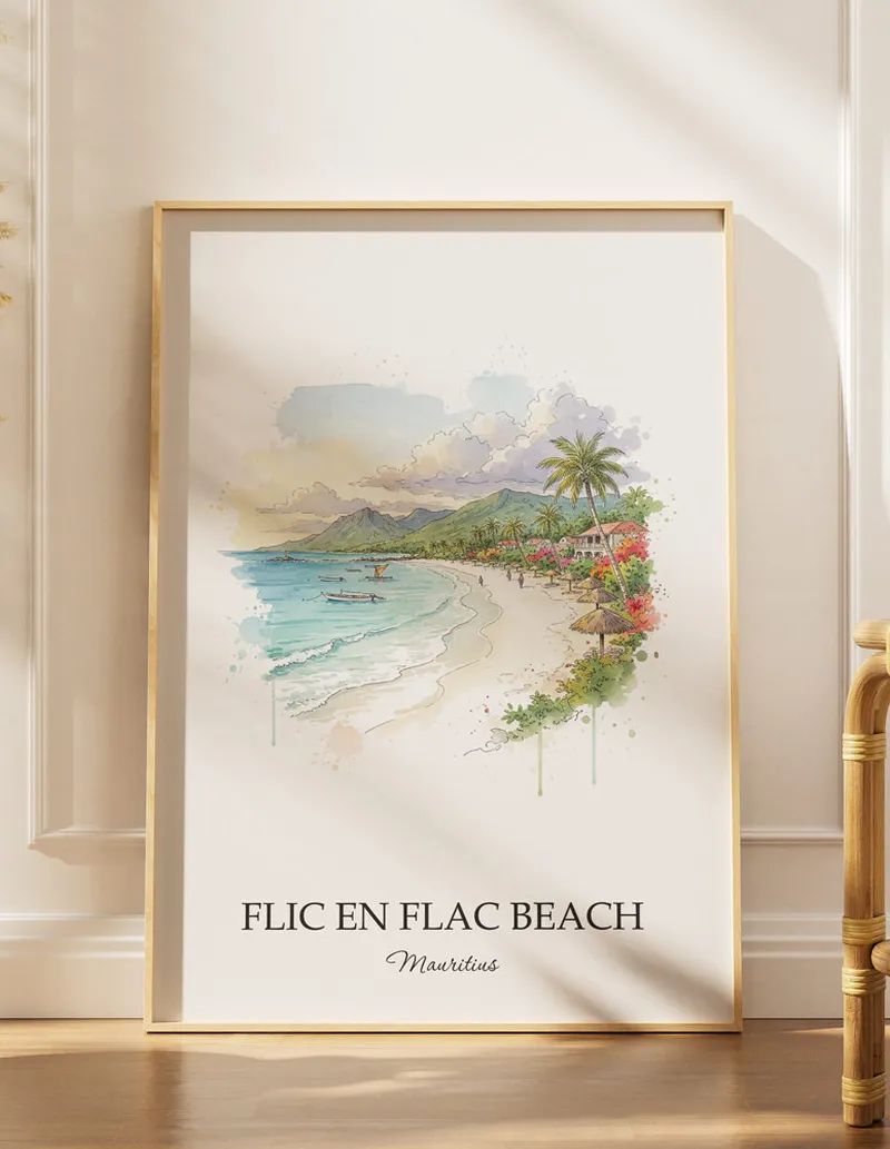Minimalist poster of Flic en Flac Beach in Mauritius in a light frame standing on the floor in a dark moody interior.