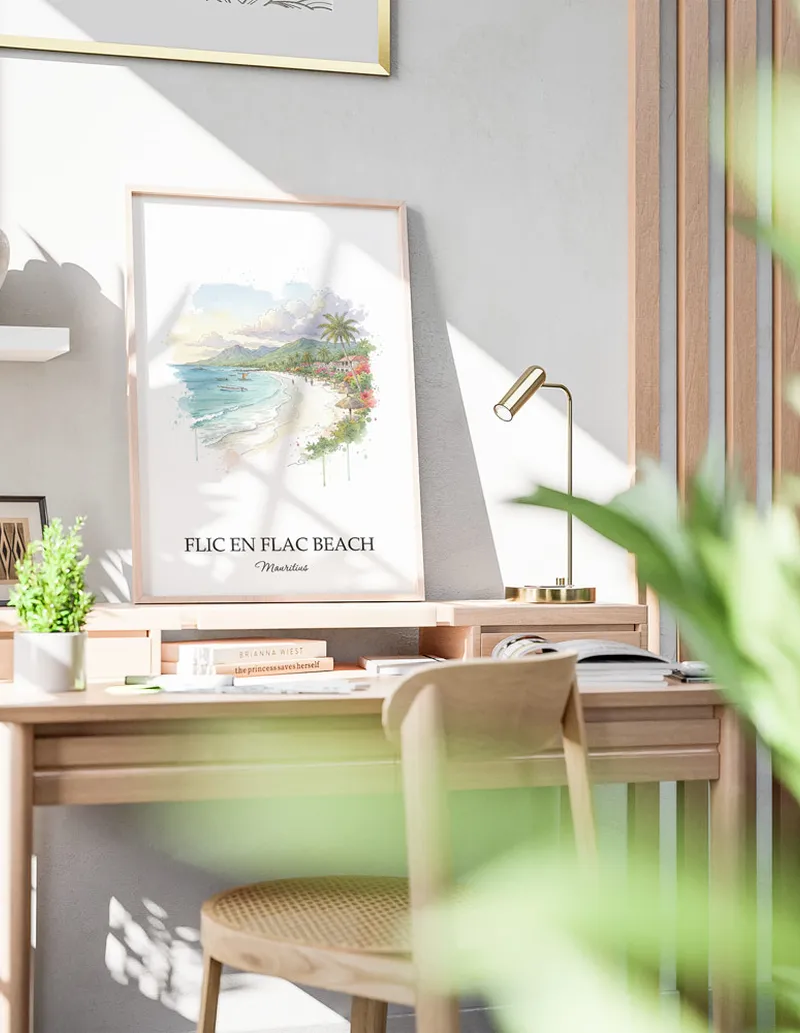 A clean and modern mockup showing a framed Flic en Flac Beach, Mauritius print on a minimalist background.