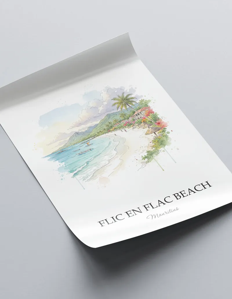 Framed wall art featuring Flic en Flac Beach in Mauritius in a light wood frame leaning on the floor.