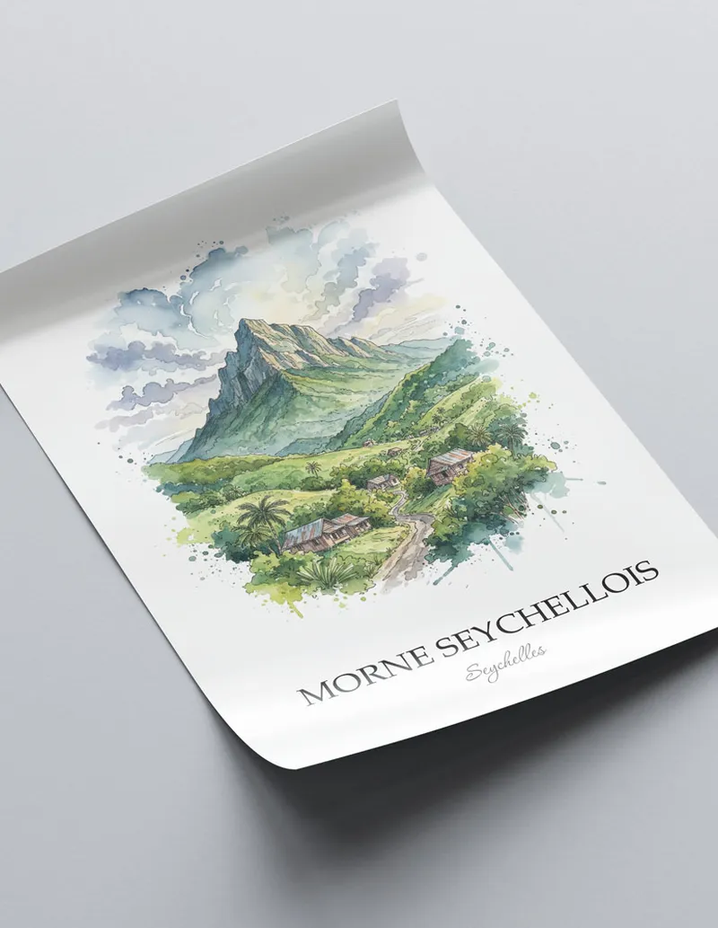 Framed wall art featuring Morne Seychellois in Seychelles in a light wood frame leaning on the floor.
