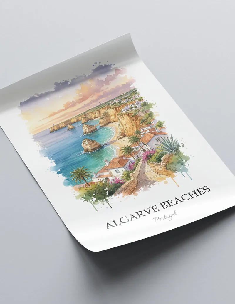 A close-up of a high-quality paper print featuring the Algarve Beaches in Portugal minimalist design.