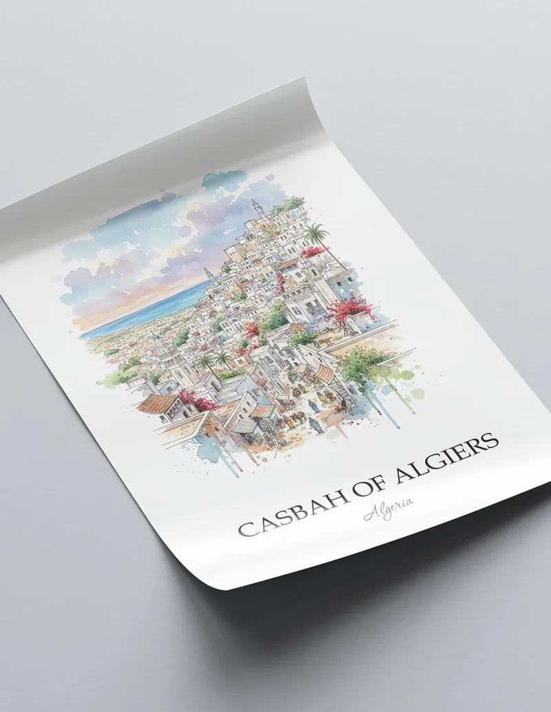 Framed wall art featuring Casbah of Algiers in Algeria in a light wood frame leaning on the floor.
