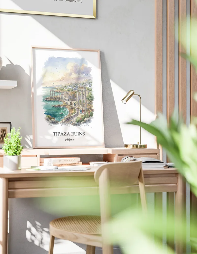 A clean and modern mockup showing a framed Tipaza Ruins, Algeria print on a minimalist background.
