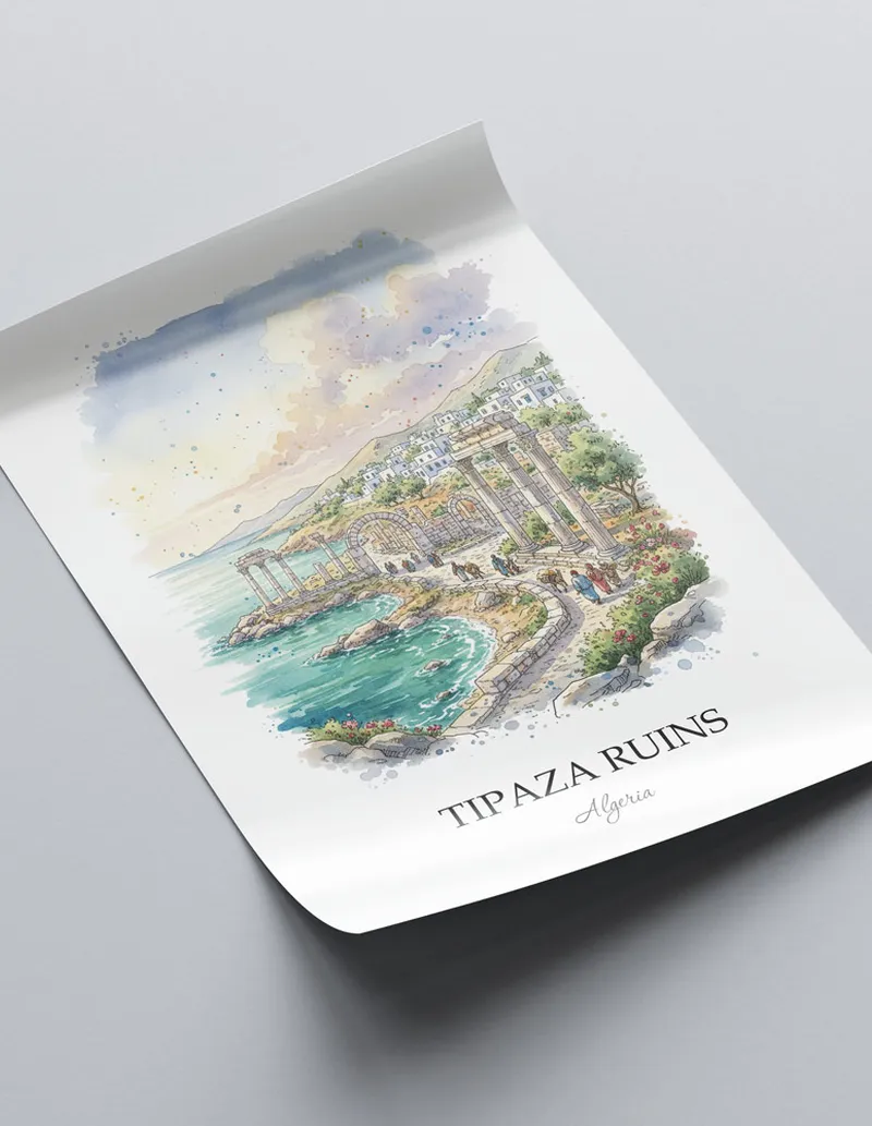 Framed wall art featuring Tipaza Ruins in Algeria in a light wood frame leaning on the floor.