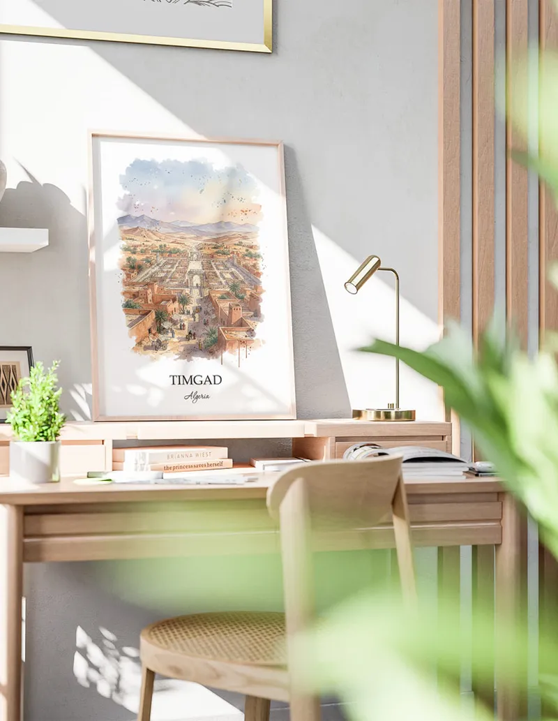 A clean and modern mockup showing a framed Timgad, Algeria print on a minimalist background.