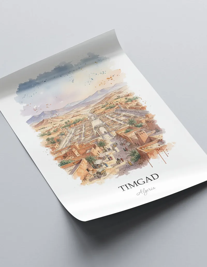 Framed wall art featuring Timgad in Algeria in a light wood frame leaning on the floor.