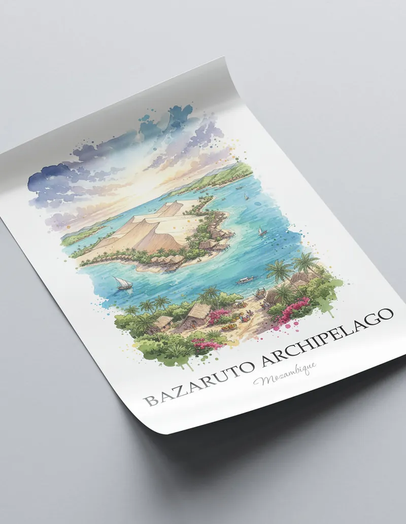 Framed wall art featuring Bazaruto Archipelago in Mozambique in a light wood frame leaning on the floor.