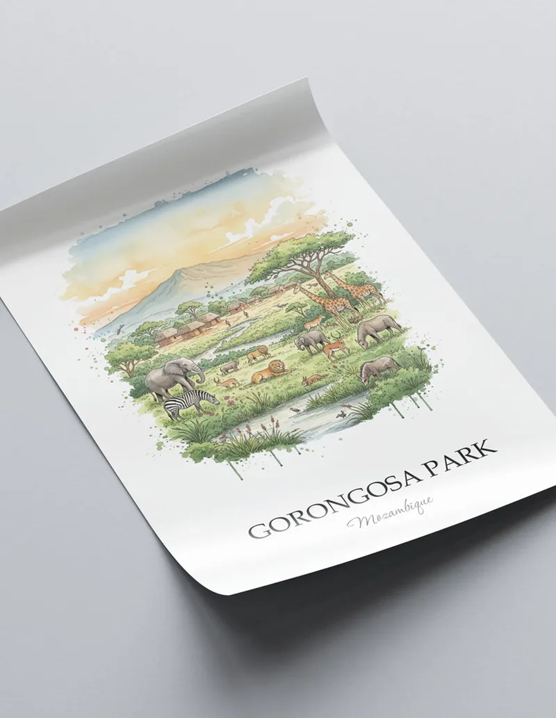 Framed wall art featuring Gorongosa Park in Mozambique in a light wood frame leaning on the floor.