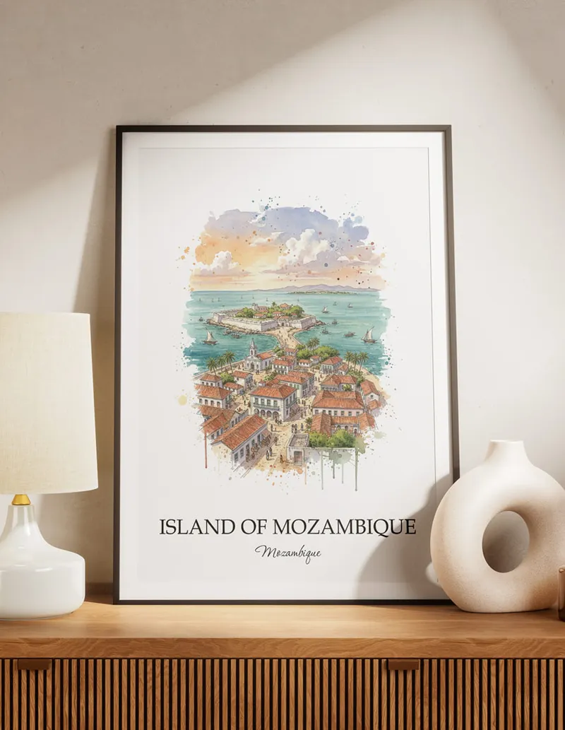 Minimalist poster of Island of Mozambique in Mozambique in a light frame standing by a window in a boho style room.
