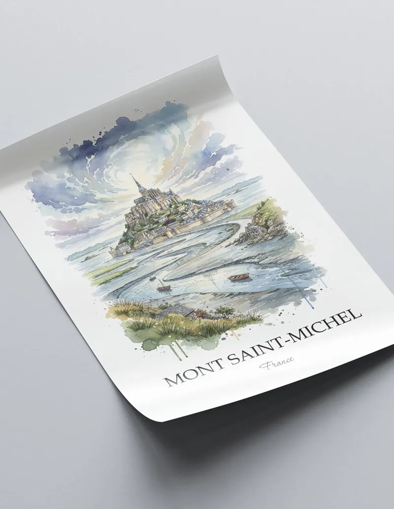 A close-up of a high-quality paper print featuring the Mont Saint-Michel in France minimalist design.