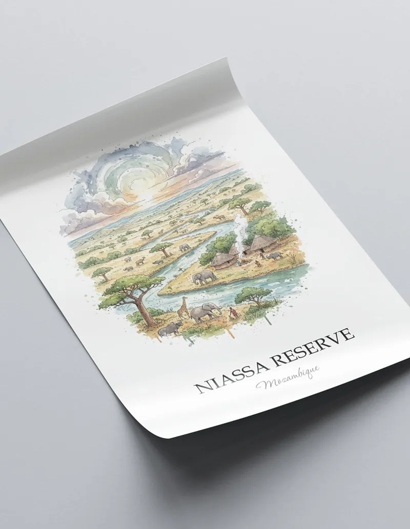 Framed wall art featuring Niassa Reserve in Mozambique in a light wood frame leaning on the floor.