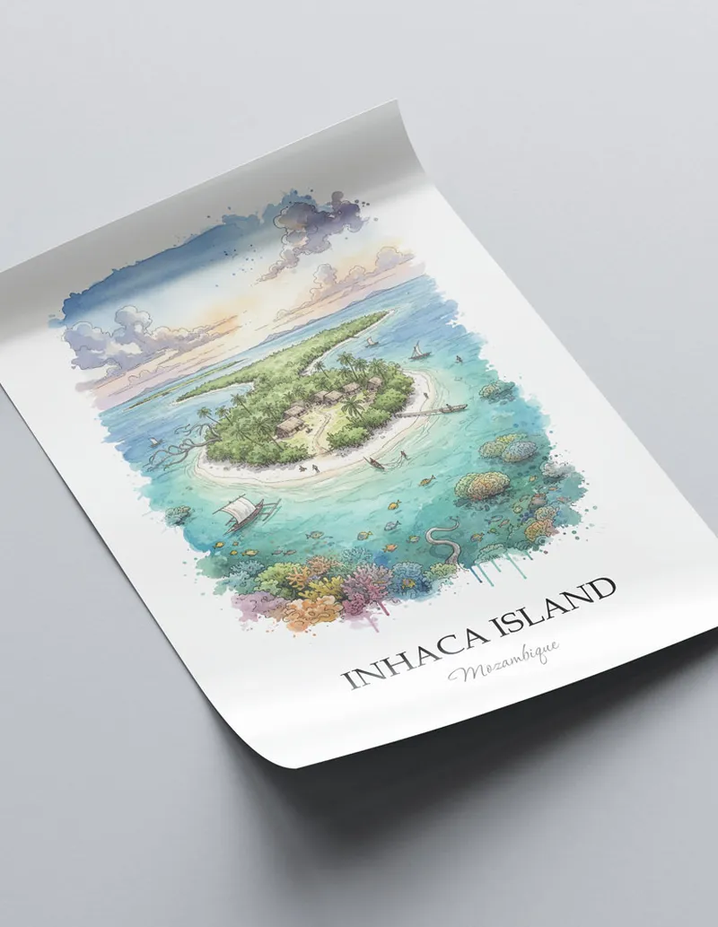 Framed wall art featuring Inhaca Island in Mozambique in a light wood frame leaning on the floor.