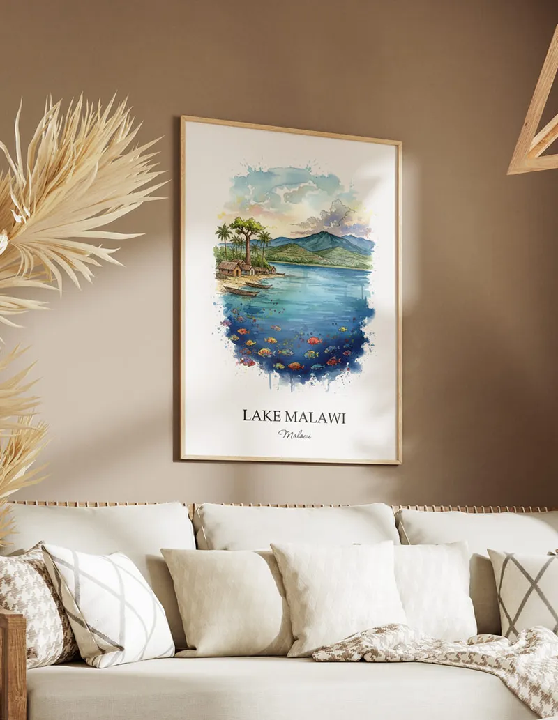 A gorgeous boho-inspired living space with a framed vintage travel poster of Lake Malawi in Malawi on display.