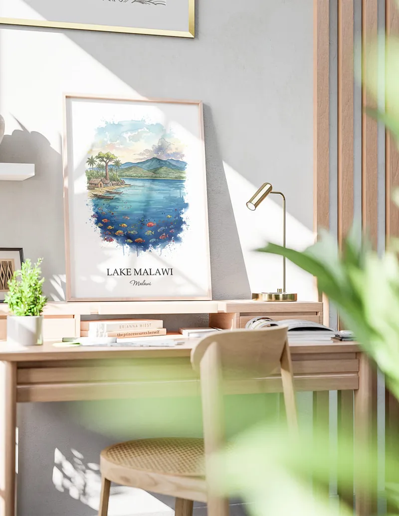 A clean and modern mockup showing a framed Lake Malawi, Malawi print on a minimalist background.