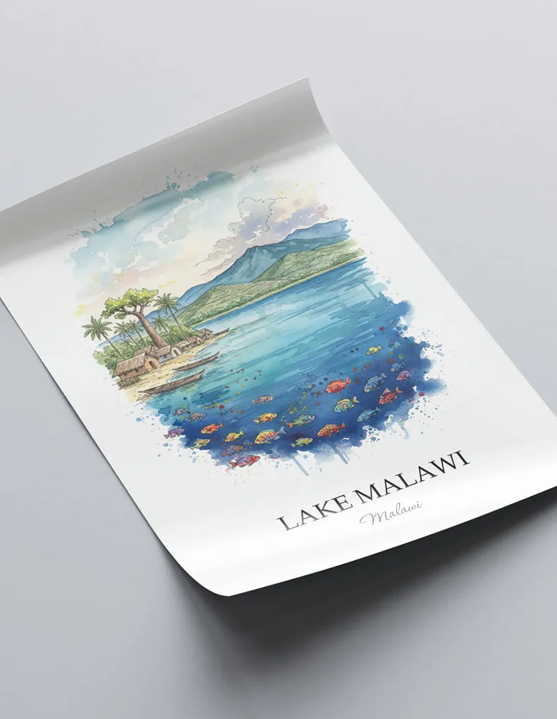 Framed wall art featuring Lake Malawi in Malawi in a light wood frame leaning on the floor.