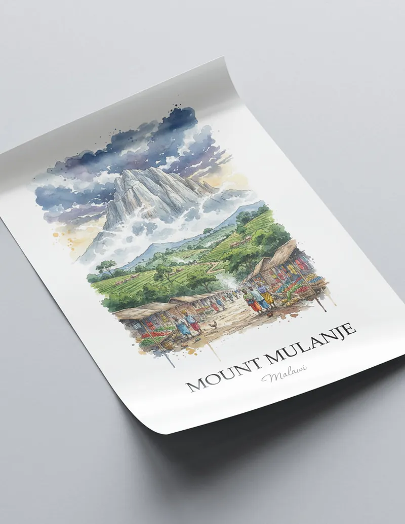 Framed wall art featuring Mount Mulanje in Malawi in a light wood frame leaning on the floor.