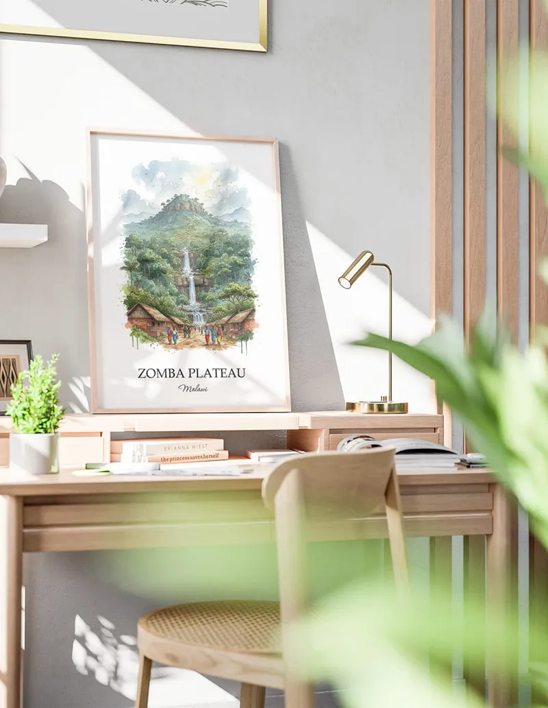A clean and modern mockup showing a framed Zomba Plateau, Malawi print on a minimalist background.