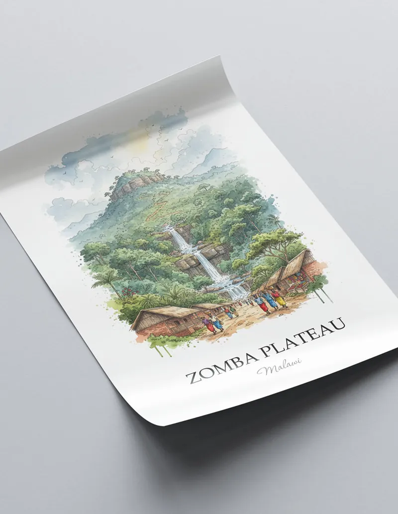 Framed wall art featuring Zomba Plateau in Malawi in a light wood frame leaning on the floor.