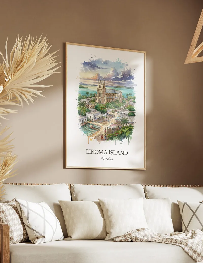 A gorgeous boho-inspired living space with a framed vintage travel poster of Likoma Island in Malawi on display.