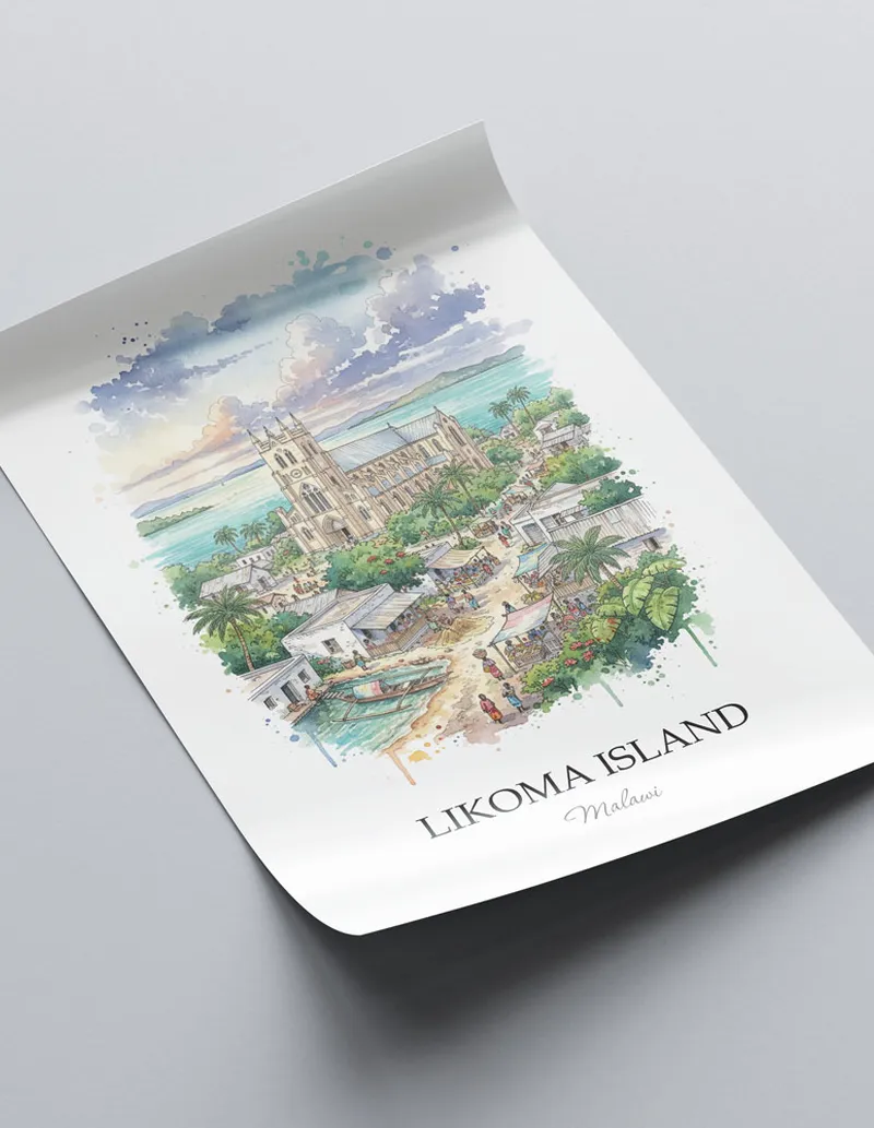 Framed wall art featuring Likoma Island in Malawi in a light wood frame leaning on the floor.